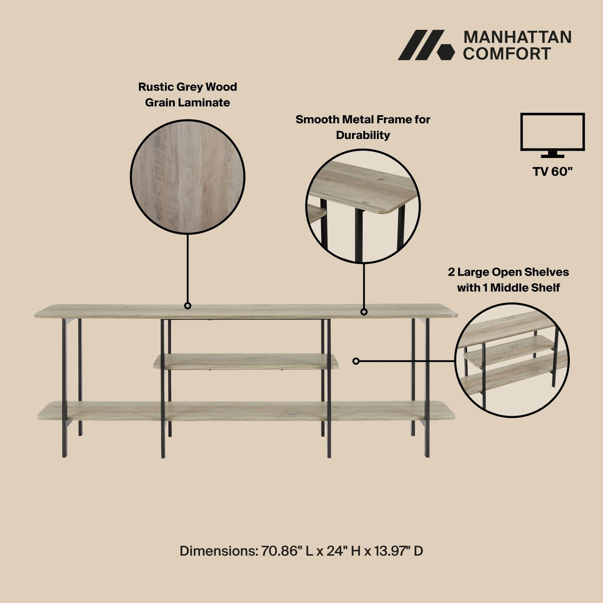 Celine Side Table Console in Rustic Grey by Manhattan Comfort at Eve Furniture