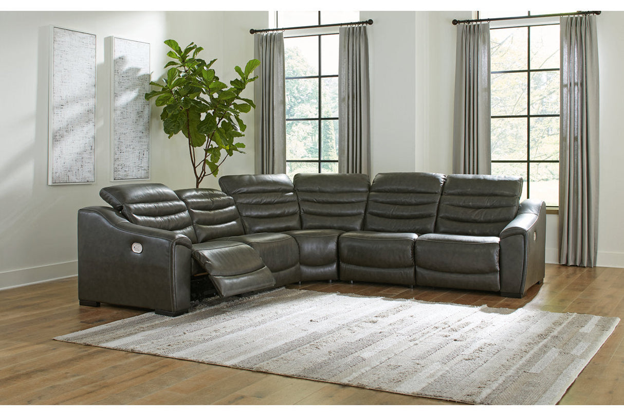 Center Line Dark Gray 5-Piece Power Reclining Sectional with Adjustable Headrest by Ashley at Eve Furniture