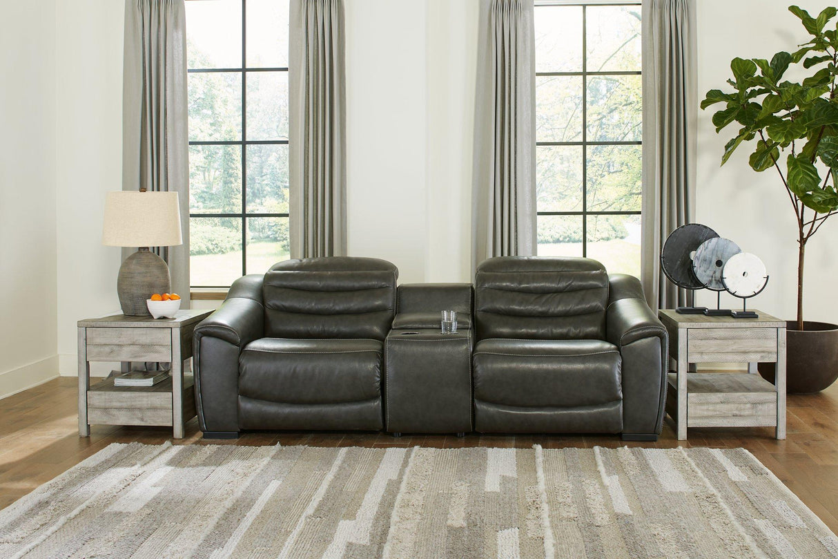 Center Line Dark Gray Dual Power Leather Sofa and Loveseat by Ashley at Eve Furniture