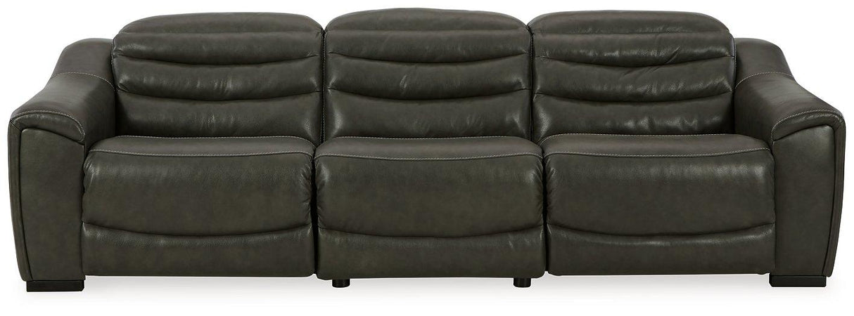 Center Line Dark Gray Dual Power Leather Sofa and Loveseat by Ashley at Eve Furniture
