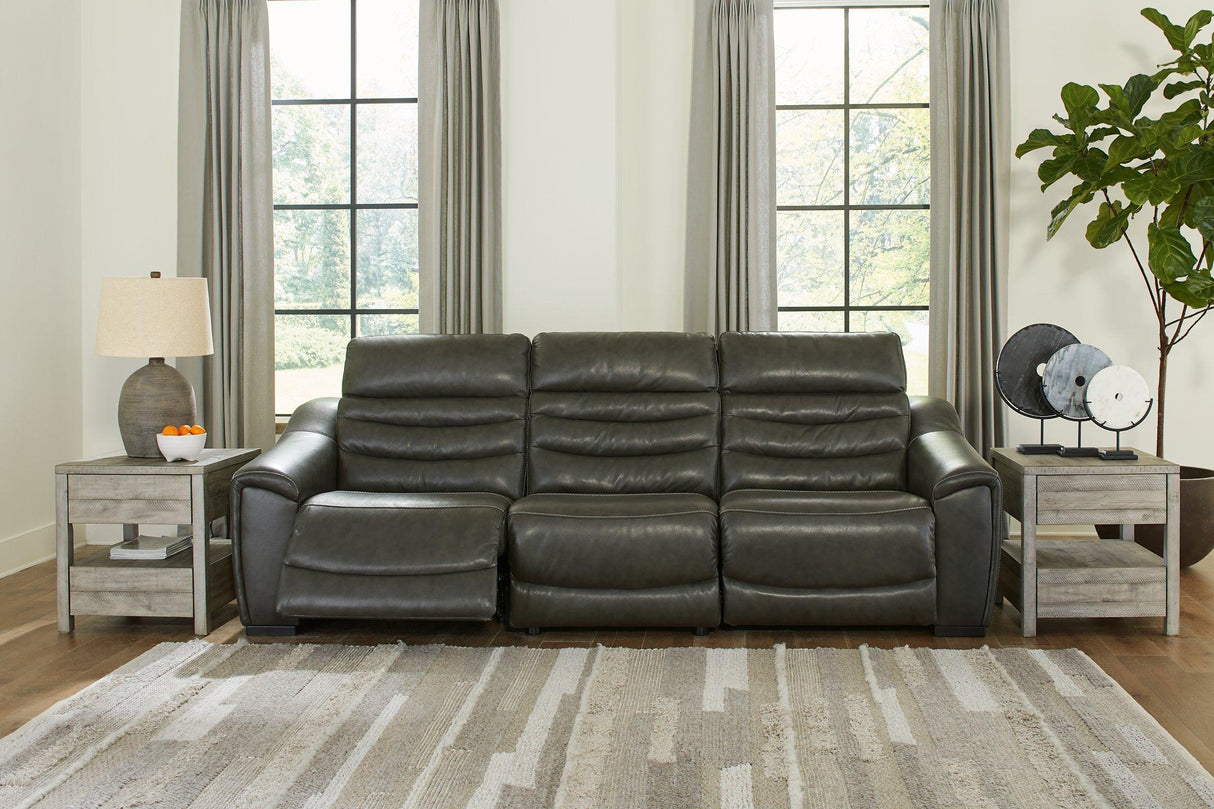 Center Line Dark Gray Dual Power Leather Sofa and Loveseat by Ashley at Eve Furniture