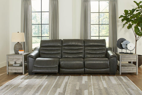 Center Line Dark Gray Dual Power Leather Sofa and Loveseat by Ashley at Eve Furniture