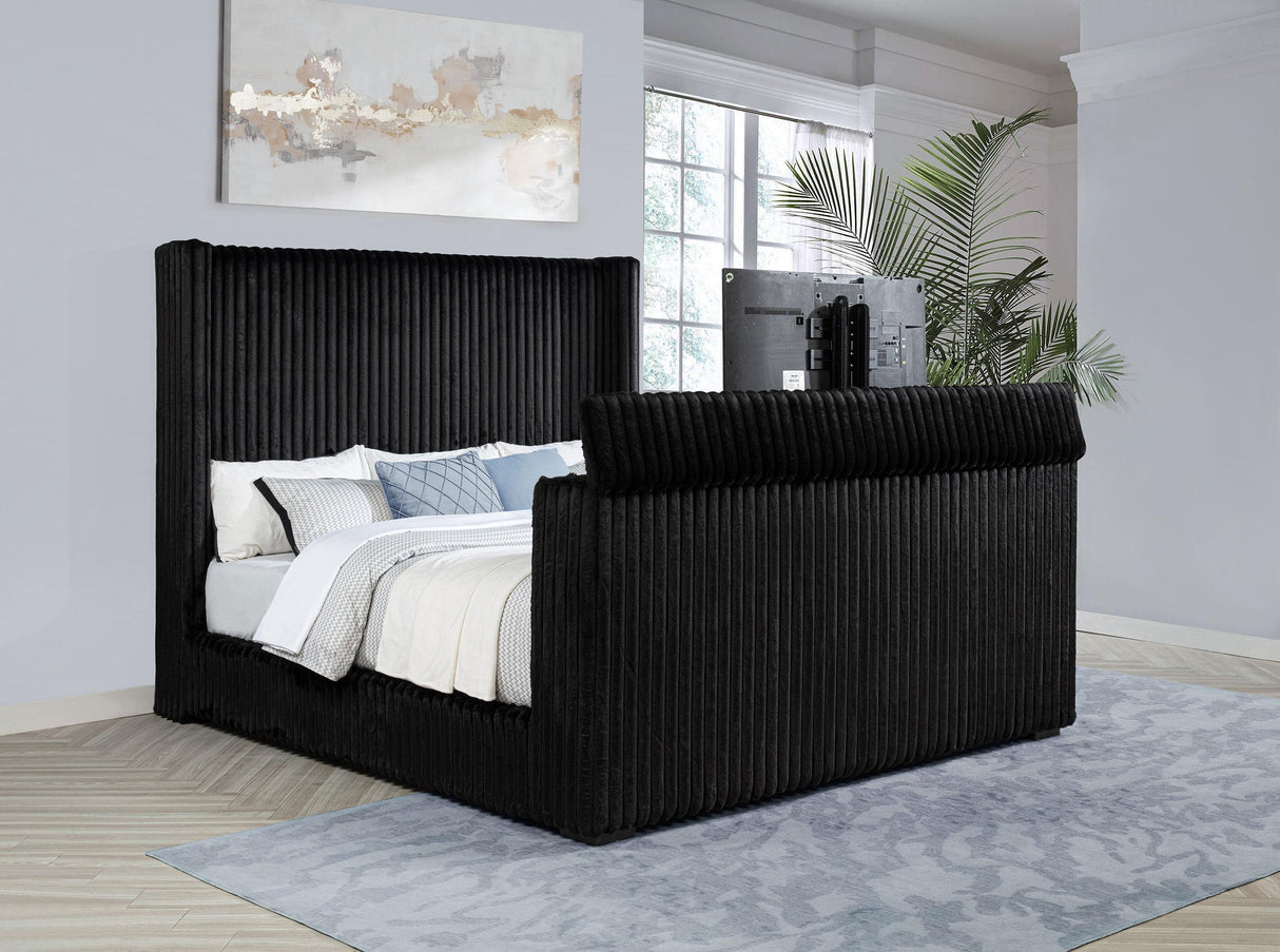 Centergrove Black Upholstered Eastern King Wingback TV Bed by Coaster at Eve Furniture