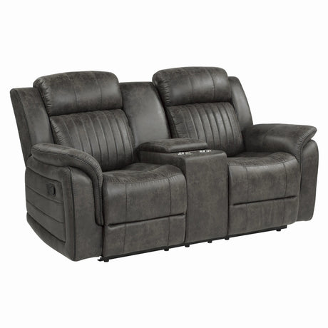 Centeroak Brownish Gray Double Reclining Loveseat with Center Console by Homelegance at Eve Furniture