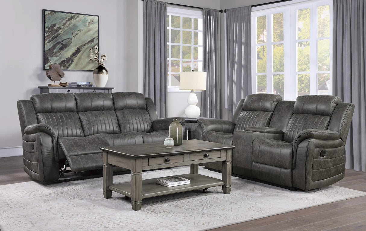 Centeroak Brownish Gray Double Reclining Loveseat with Center Console by Homelegance at Eve Furniture