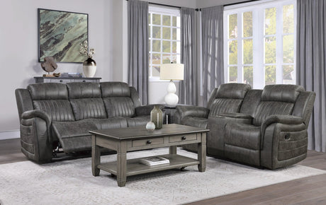 Centeroak Brownish Gray Double Reclining Loveseat with Center Console by Homelegance at Eve Furniture