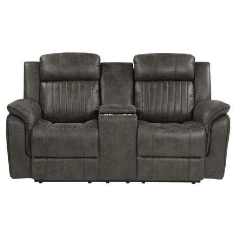 Centeroak Brownish Gray Double Reclining Loveseat with Center Console by Homelegance at Eve Furniture