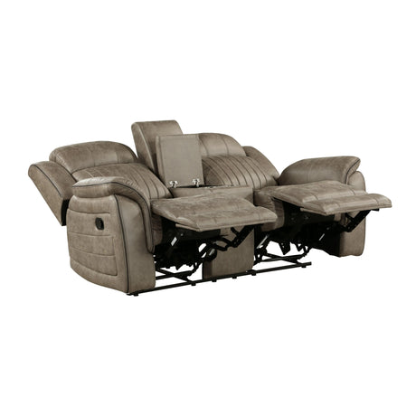Centeroak Sandy Brown Double Reclining Loveseat with Center Console by Homelegance at Eve Furniture