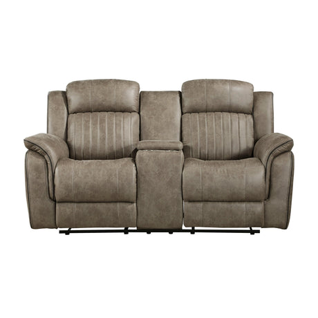 Centeroak Sandy Brown Double Reclining Loveseat with Center Console by Homelegance at Eve Furniture