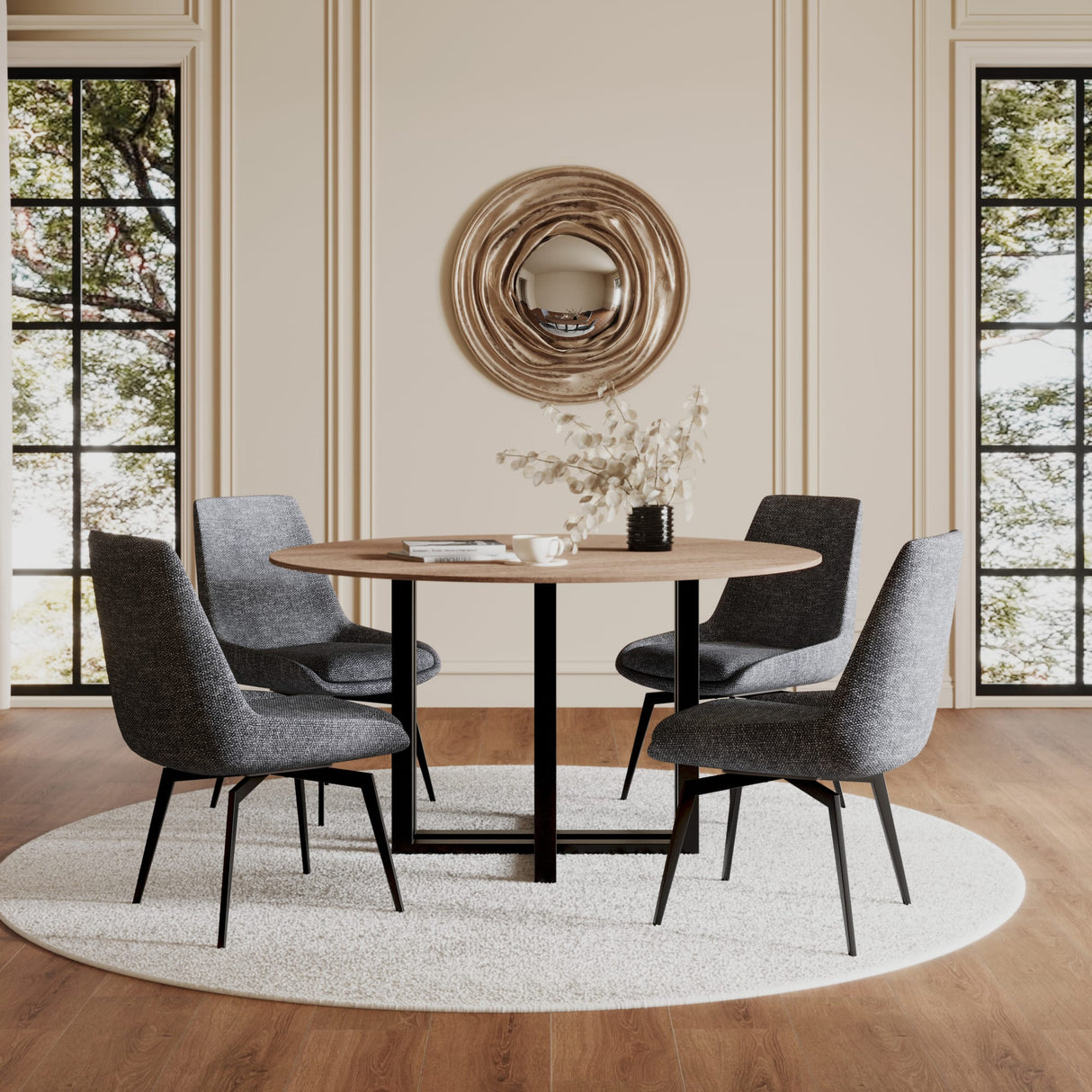 CEO Gunmetal/Washed Oak Wood Pattern Round Sintered Stone Dining Table by Modus Furniture at Eve Furniture