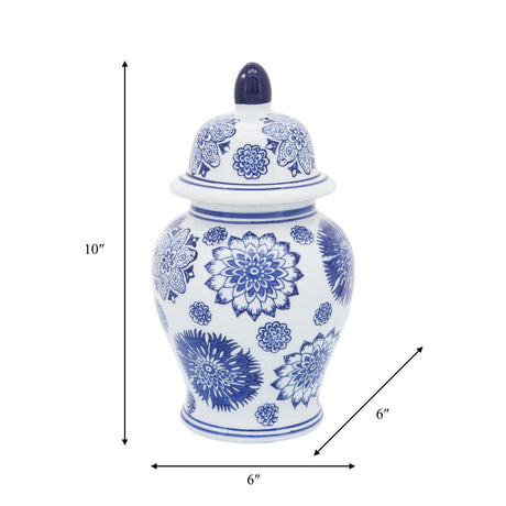 Cer, 10"h Asstd Flowers Temple Jar, Blue