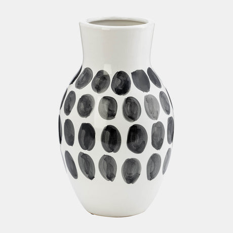 Cer, 10"h Blk Polk-a-dot Flower Vase, White