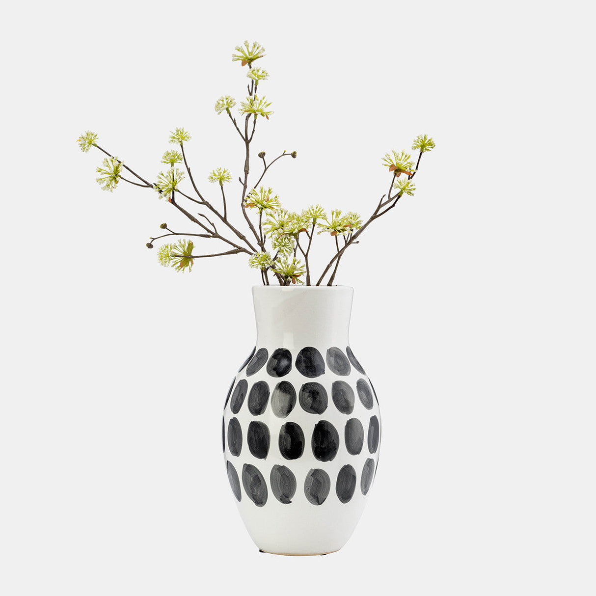 Cer, 10"h Blk Polk-a-dot Flower Vase, White