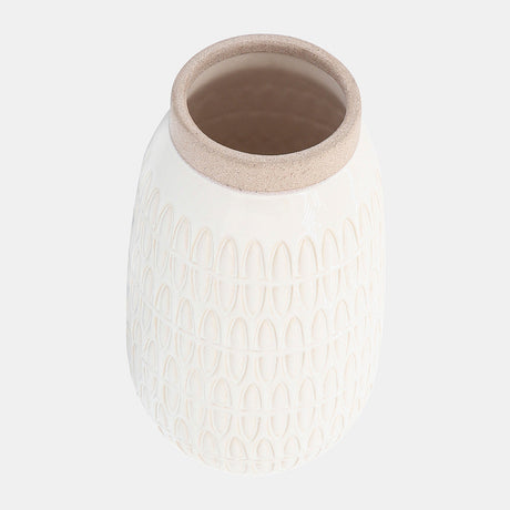 Cer, 10"h Carved Vase, Beige