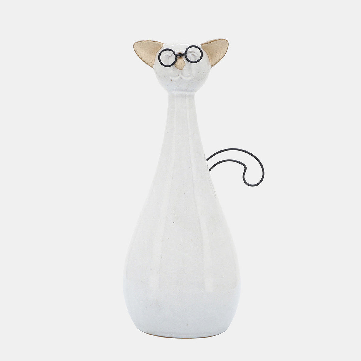 Cer, 10"h Chubby Cat W/ Glasses, Beige