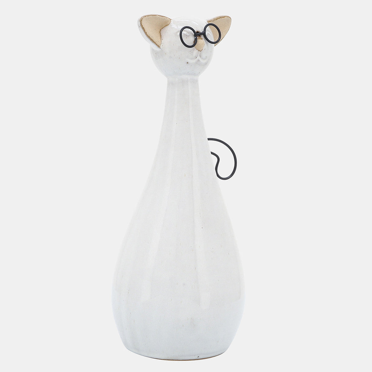 Cer, 10"h Chubby Cat W/ Glasses, Beige