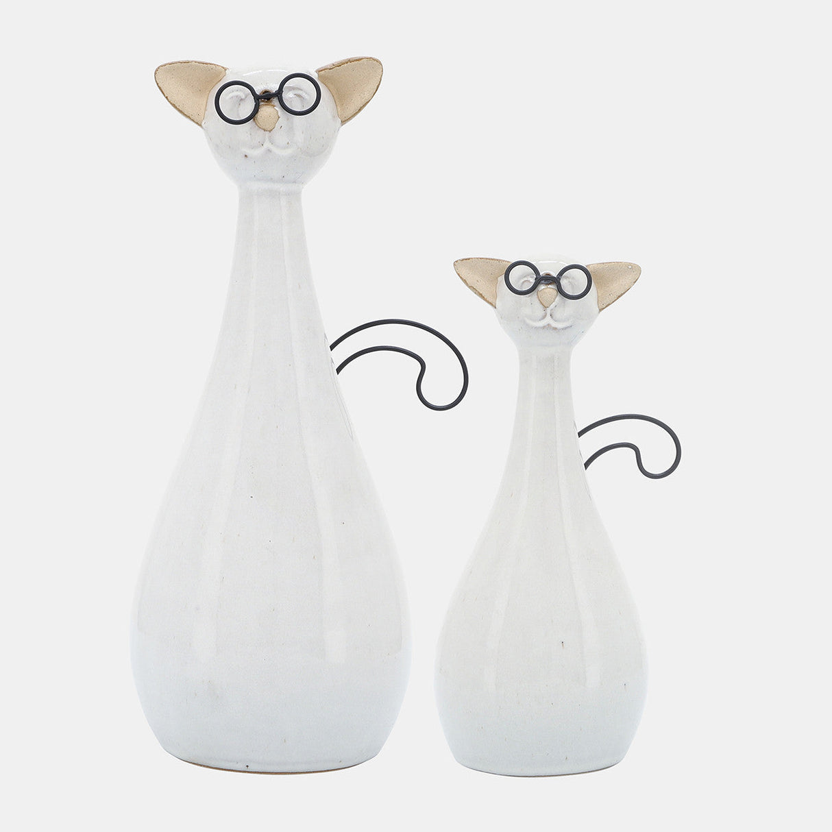 Cer, 10"h Chubby Cat W/ Glasses, Beige