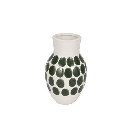 Cer, 10"h Forest Green Polk-a-dot Flower Vase,wht