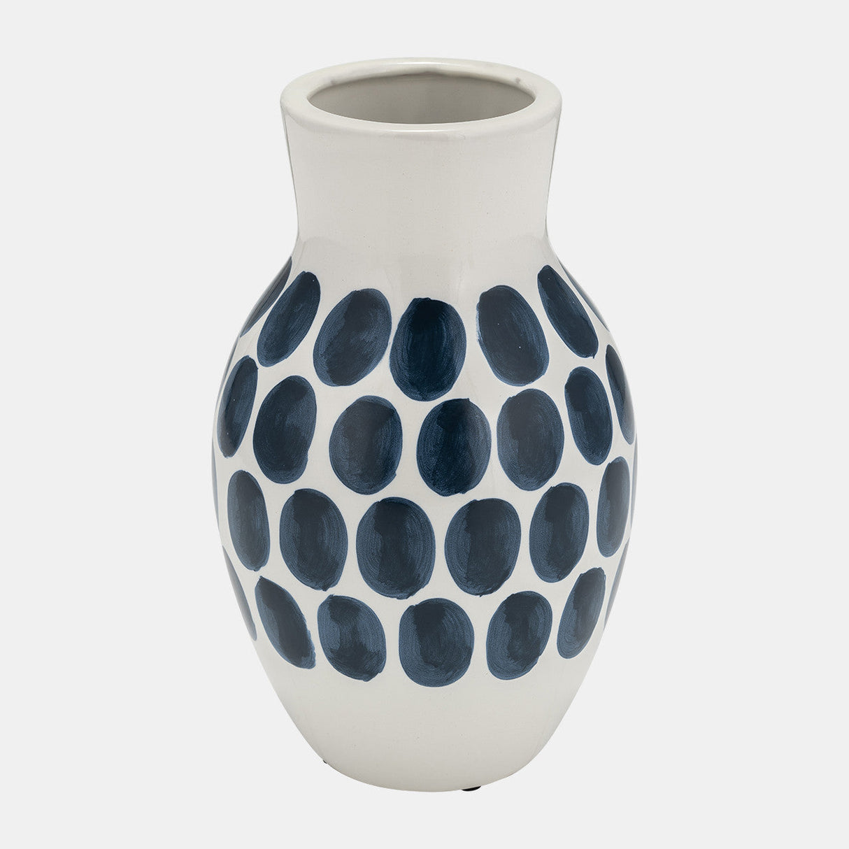 Cer, 10"h Navy Polk-a-dot Flower Vase, White