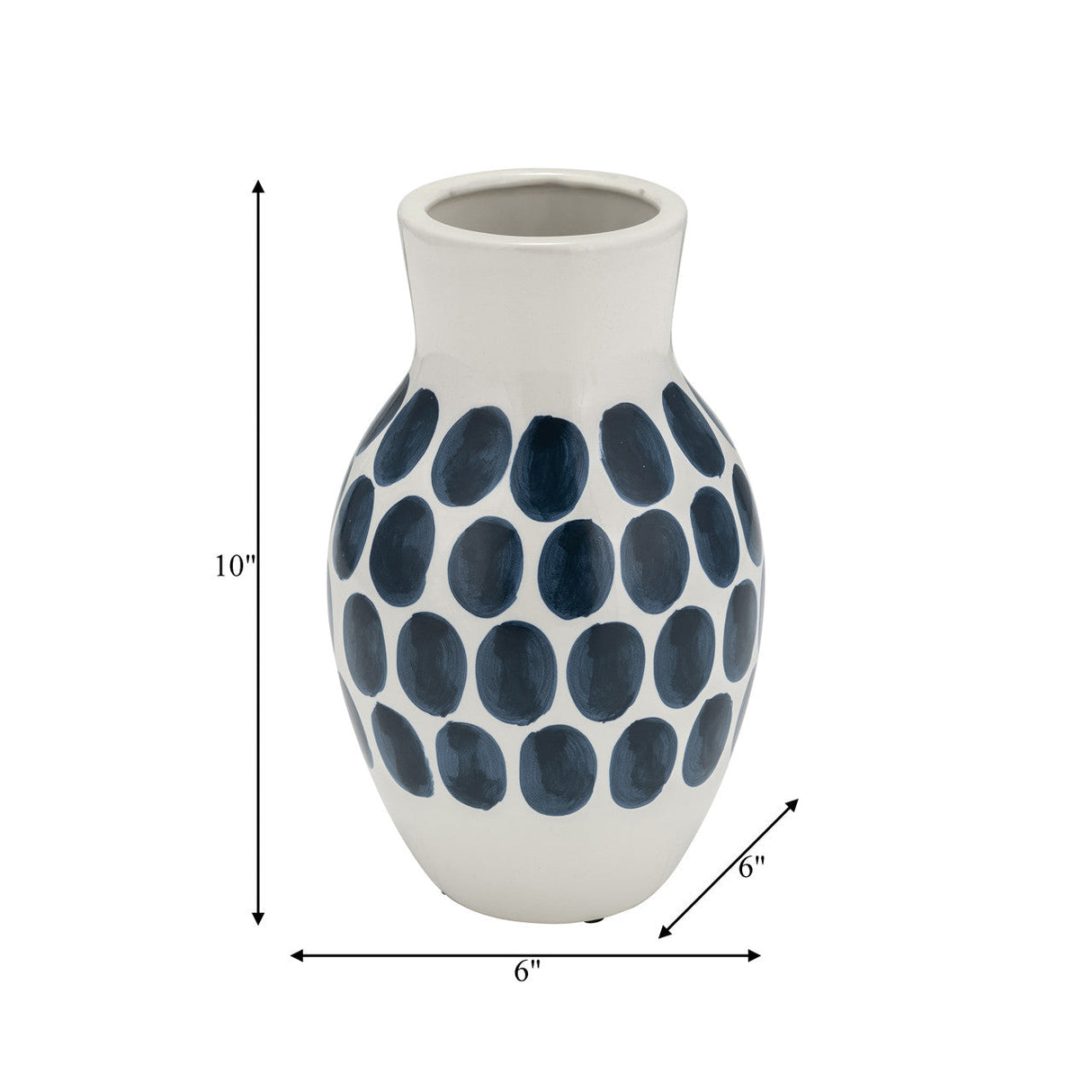 Cer, 10"h Navy Polk-a-dot Flower Vase, White