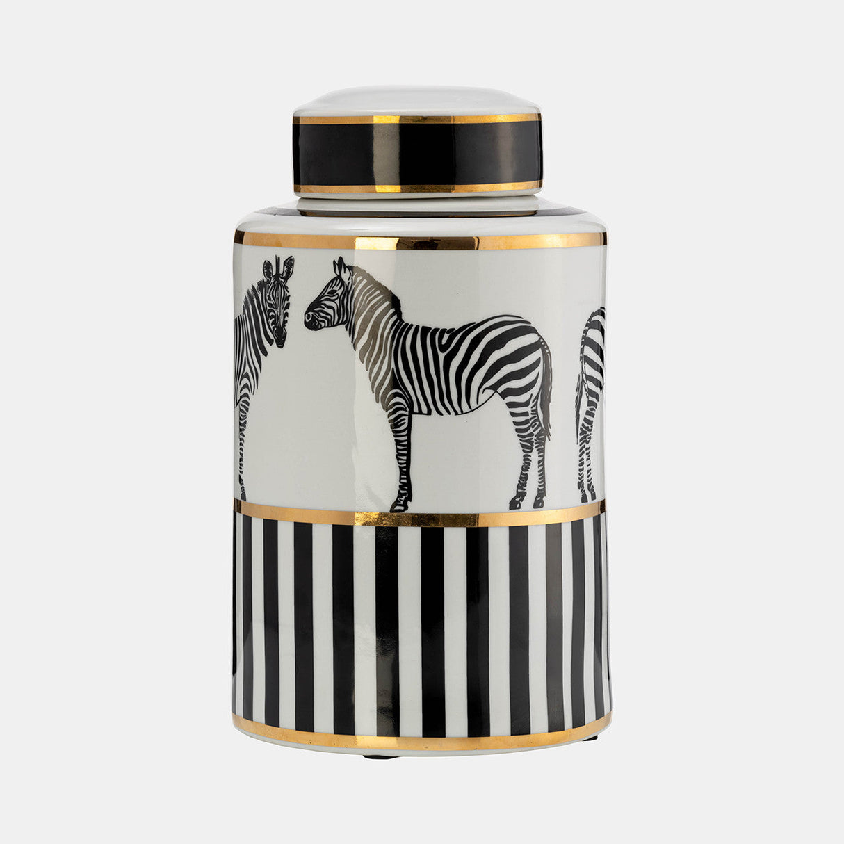 Cer, 12"h Zebra Jar W/ Lid, White/gold