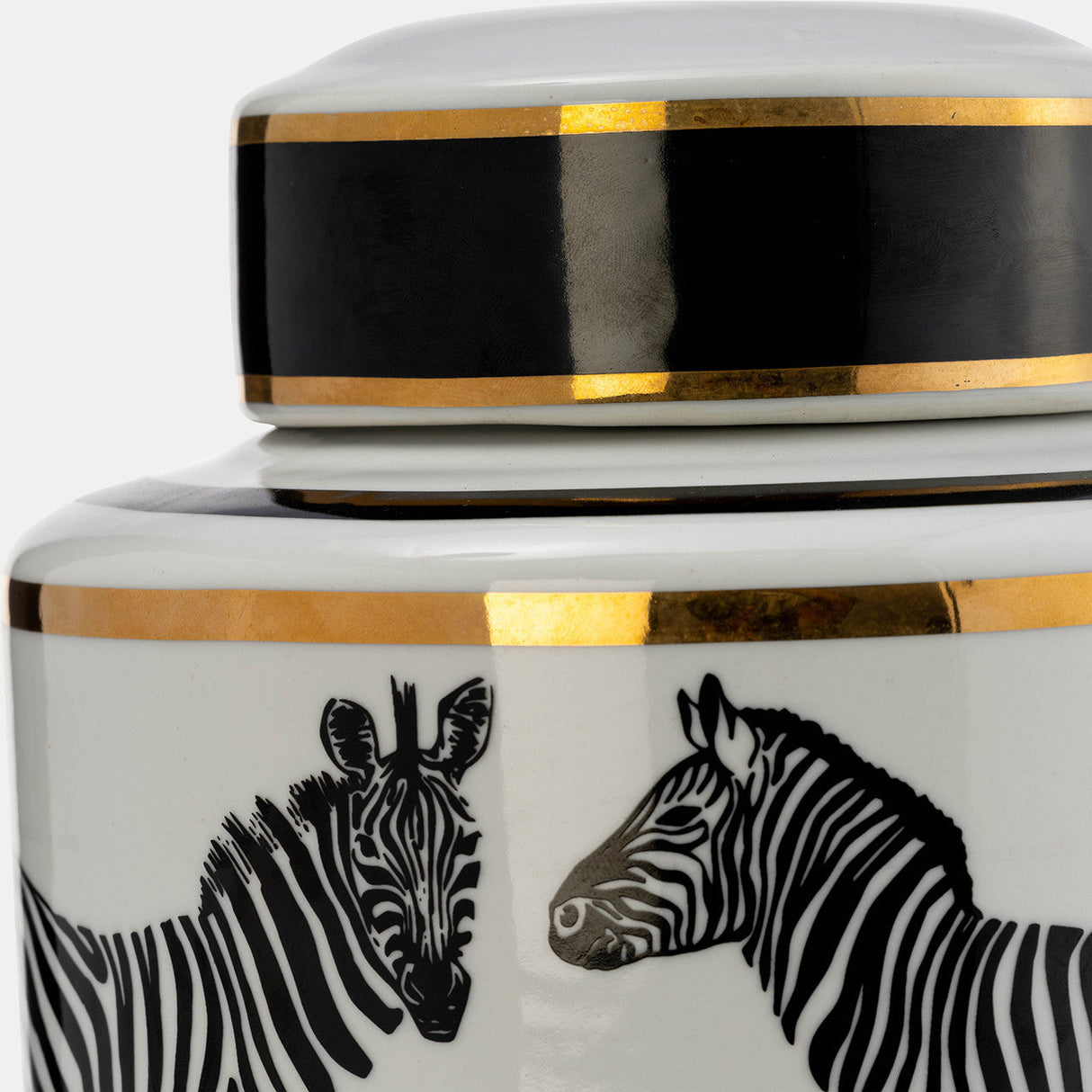 Cer, 12"h Zebra Jar W/ Lid, White/gold