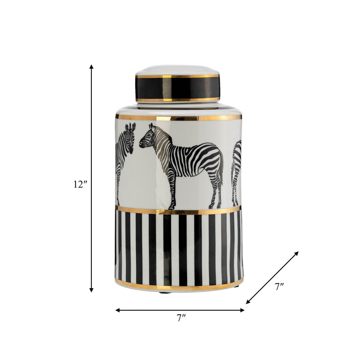 Cer, 12"h Zebra Jar W/ Lid, White/gold