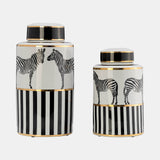 Cer, 12"h Zebra Jar W/ Lid, White/gold