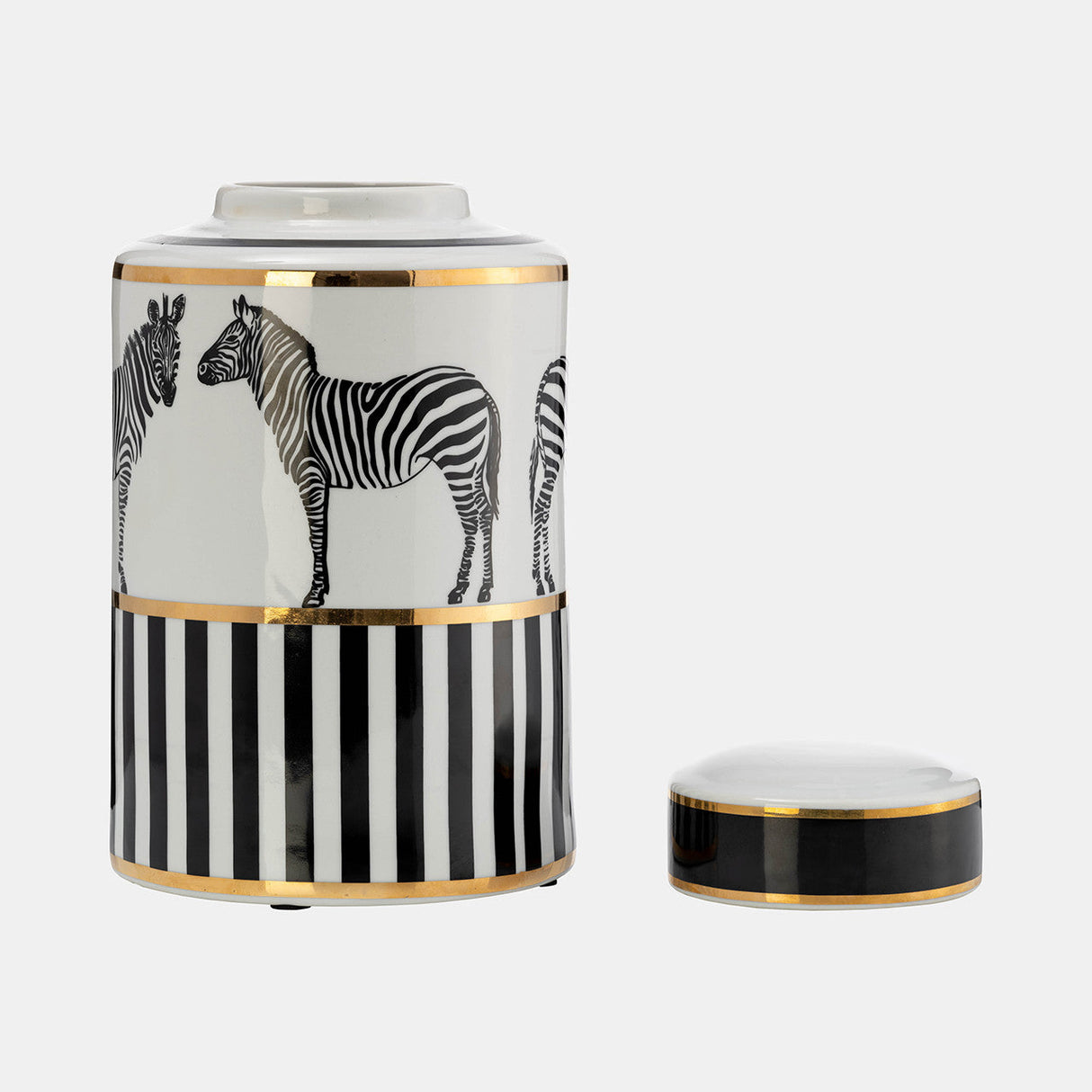 Cer, 12"h Zebra Jar W/ Lid, White/gold