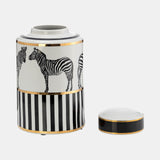 Cer, 12"h Zebra Jar W/ Lid, White/gold