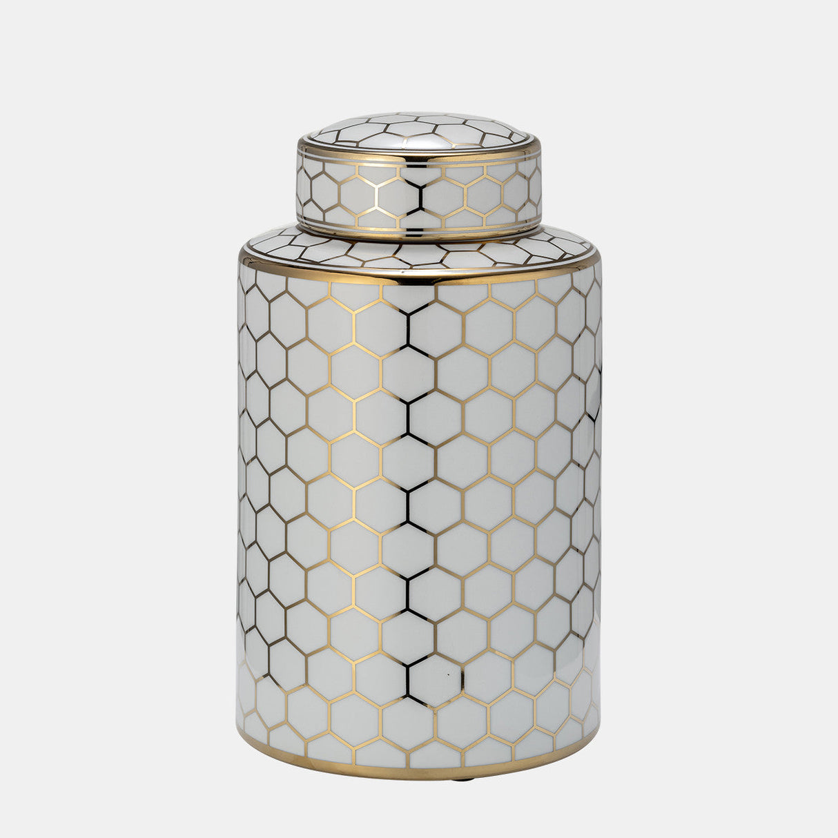 Cer, 12" Honeycomb Jar W/ Lid, Gold