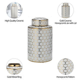 Cer, 12" Honeycomb Jar W/ Lid, Gold