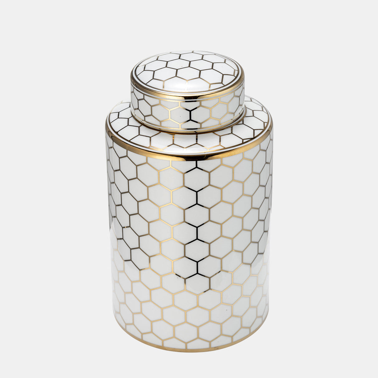 Cer, 12" Honeycomb Jar W/ Lid, Gold