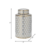 Cer, 12" Honeycomb Jar W/ Lid, Gold