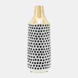 Cer, 16"h Polka Dots Vase, Gold/white