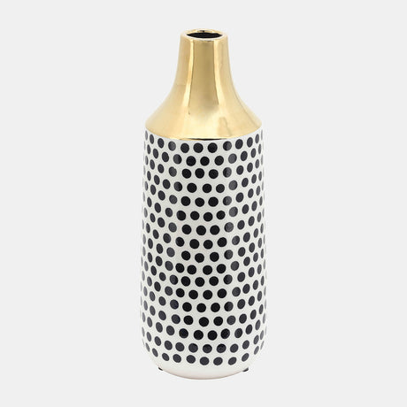 Cer, 16"h Polka Dots Vase, Gold/white