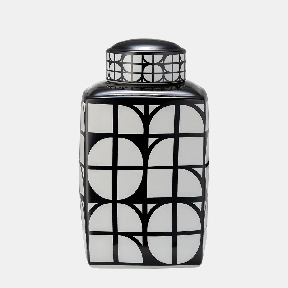 Cer, 16"h Square Jar W/ Lid, Black/white