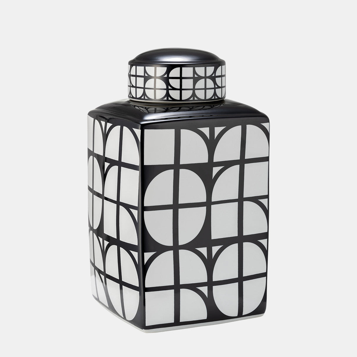 Cer, 16"h Square Jar W/ Lid, Black/white