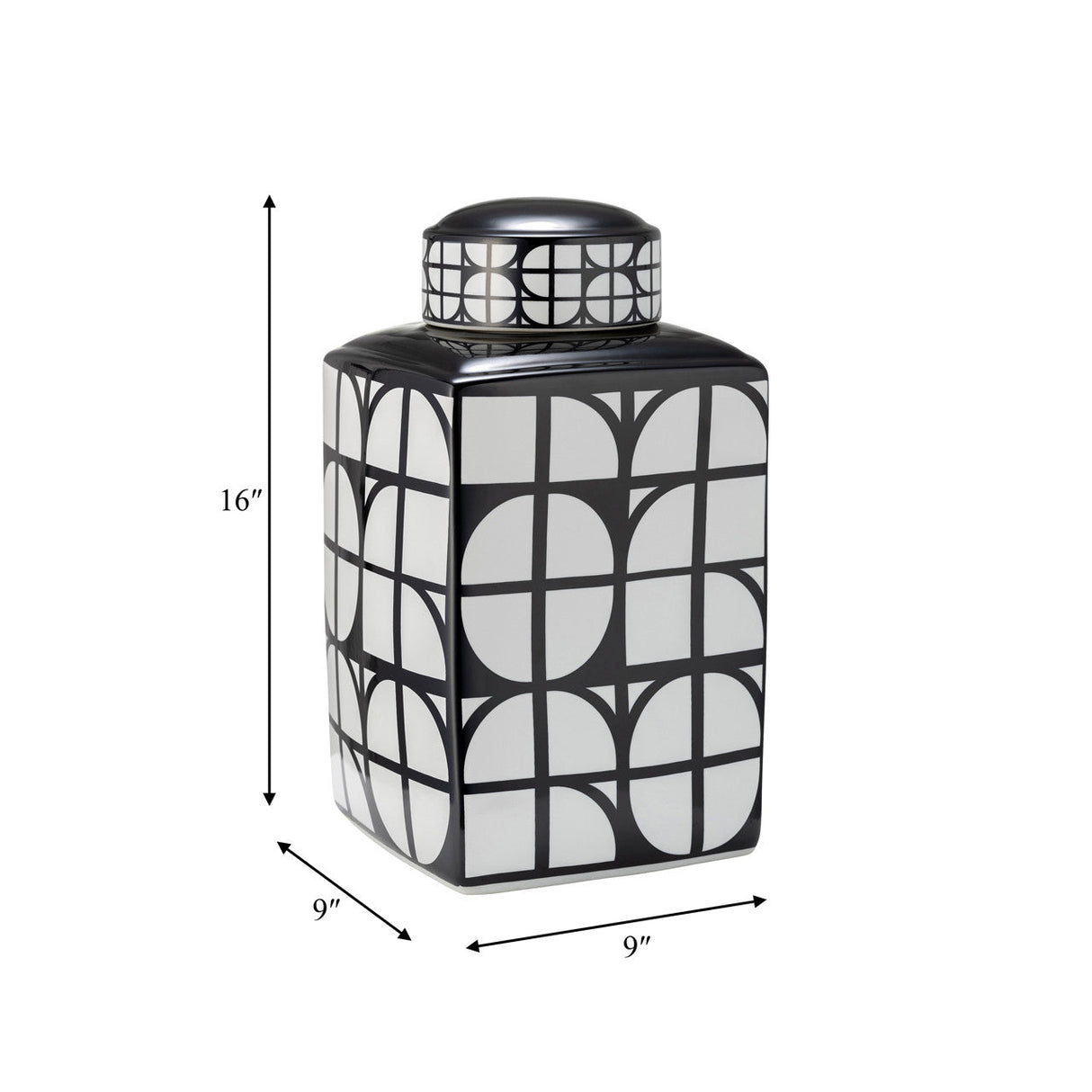 Cer, 16"h Square Jar W/ Lid, Black/white