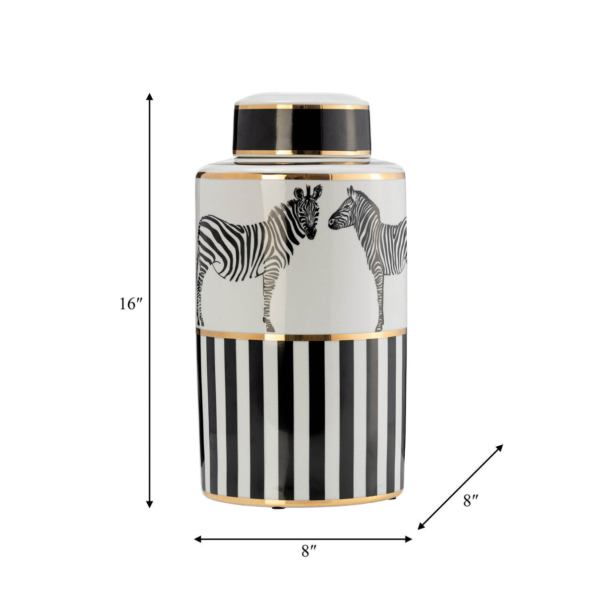 Cer, 16"h Zebra Jar W/ Lid, White/gold