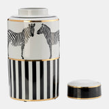 Cer, 16"h Zebra Jar W/ Lid, White/gold