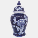 Cer, 18"h Flower Temple Jar, Wht/blu