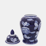 Cer, 18"h Flower Temple Jar, Wht/blu