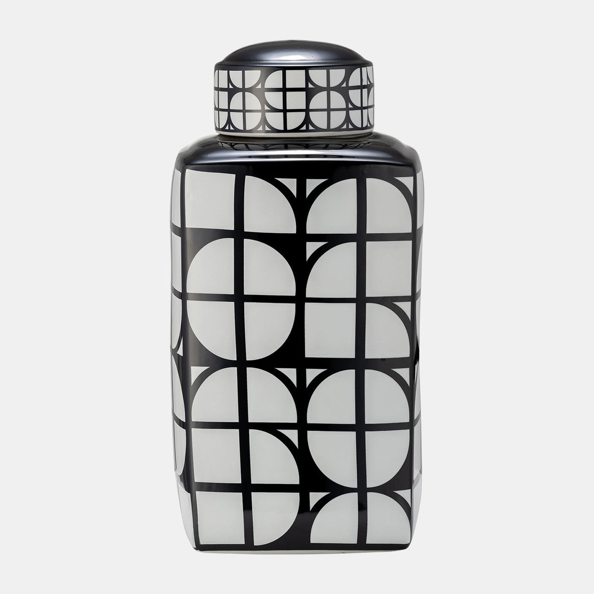 Cer, 18"h Square Jar W/ Lid, Black/white