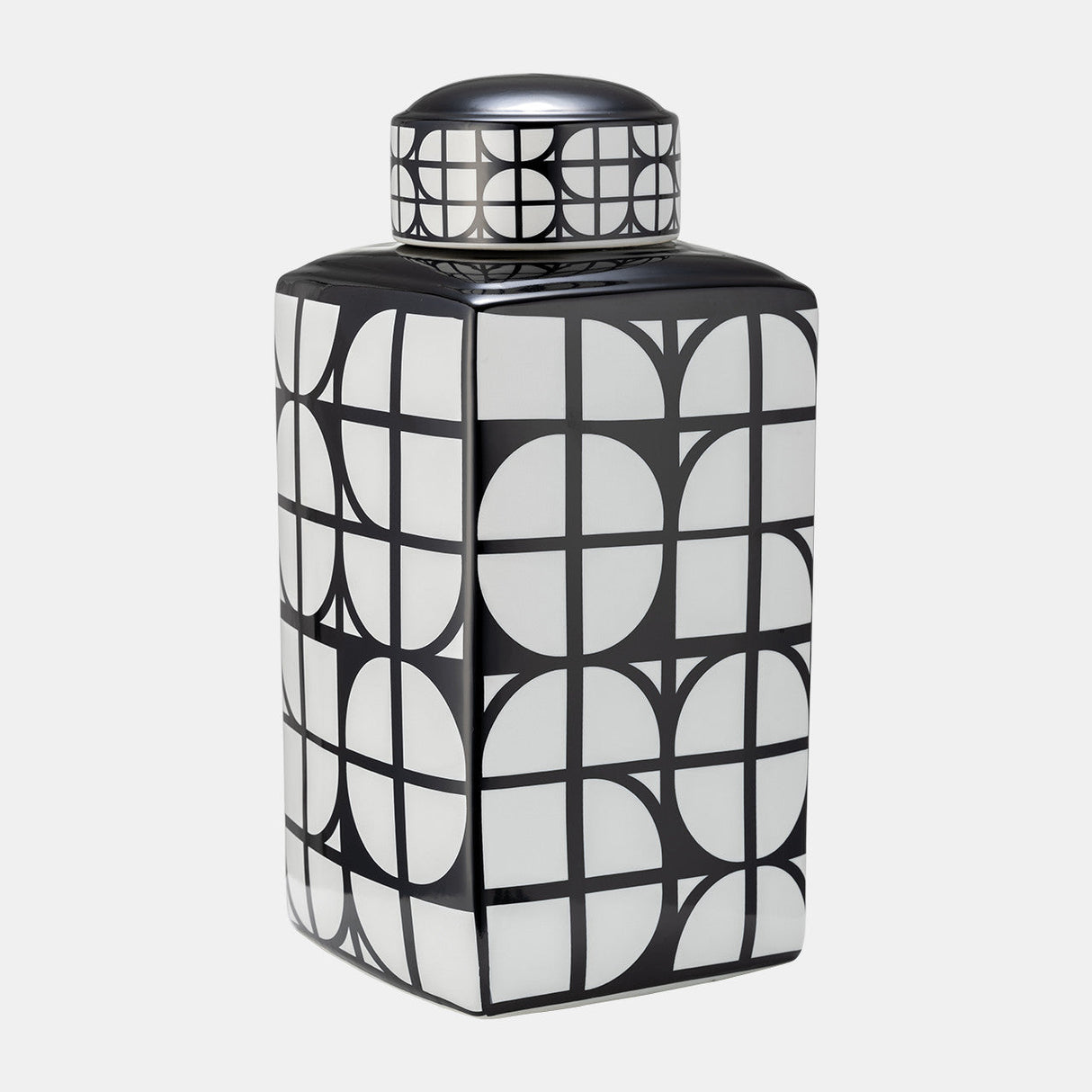 Cer, 18"h Square Jar W/ Lid, Black/white