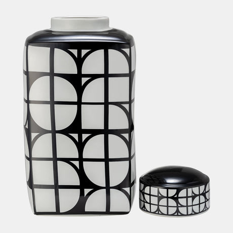 Cer, 18"h Square Jar W/ Lid, Black/white