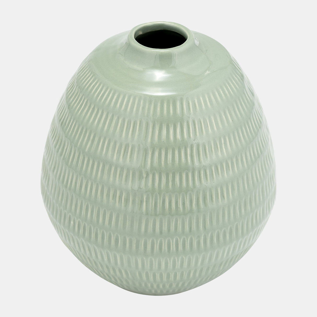 Cer,7",stripe Oval Vase,dark Sage