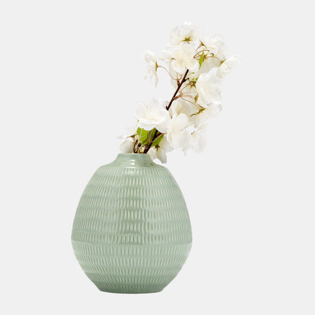 Cer,7",stripe Oval Vase,dark Sage