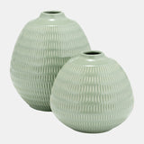 Cer,7",stripe Oval Vase,dark Sage