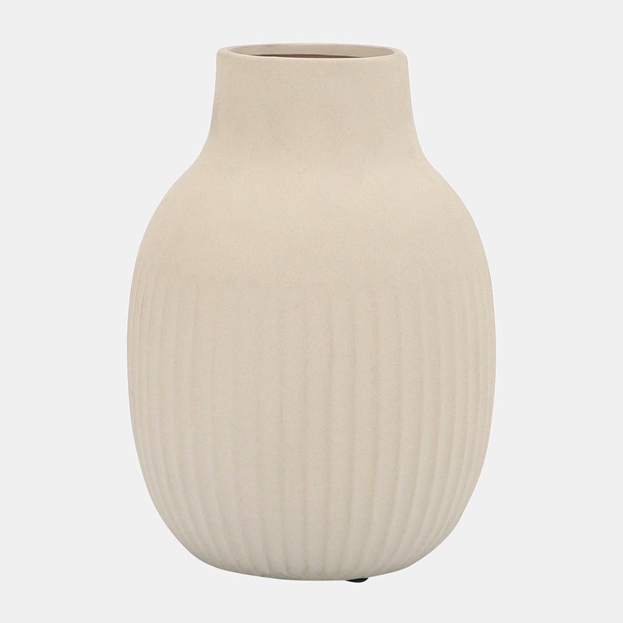 Cer, 9"h Ridged Bulbous Vase, Ivory